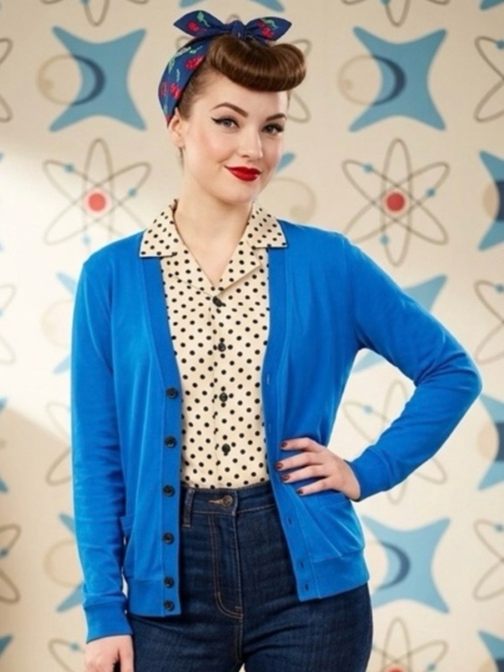 Vintage Le Chateau Cardigan Blue Medium Academia Mod Rockabilly Pin Up
